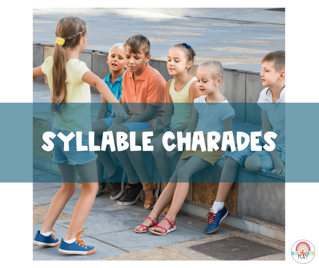 Activities for syllables, including syllable charades. The picture is showing students playing one of the activities for syllables by acting out words.